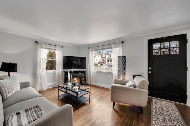 living area with crown molding, plenty of natural light, a lit fireplace, and light wood finished floors