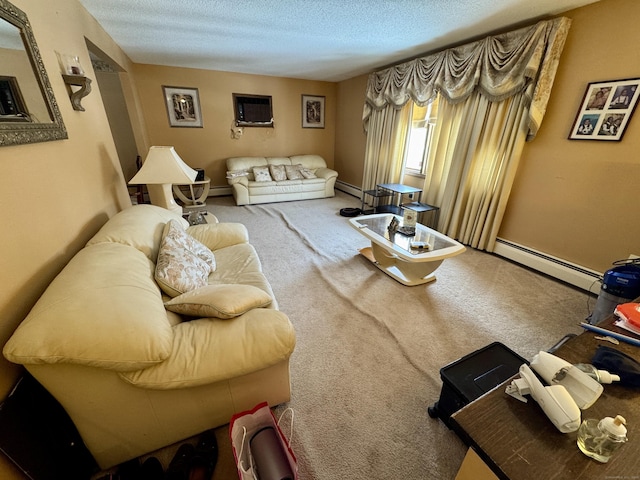 living room featuring a textured ceiling, an AC wall unit, baseboard heating, and carpet flooring