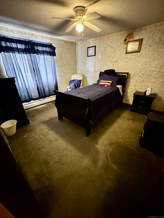 carpeted bedroom featuring a ceiling fan, a baseboard radiator, and a textured ceiling