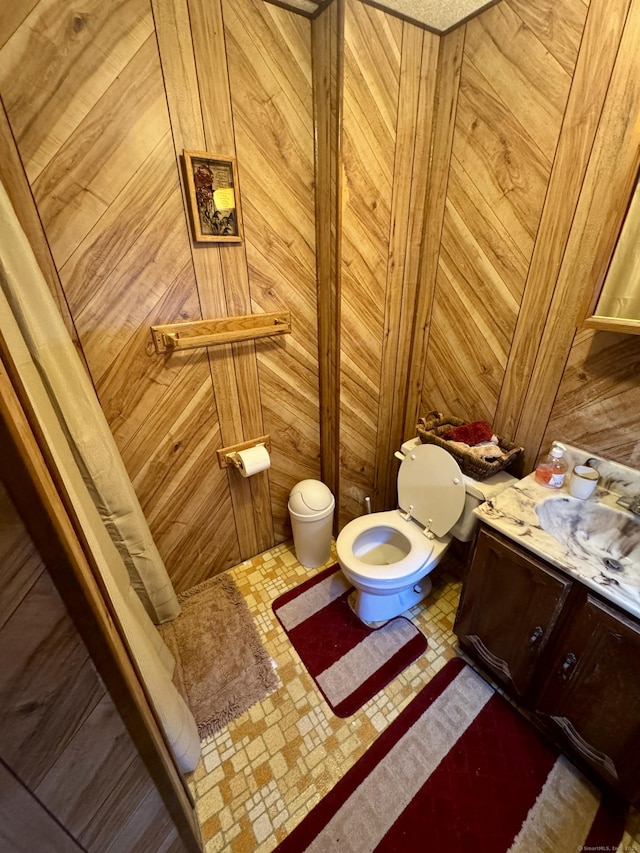 bathroom featuring toilet, wooden walls, and vanity