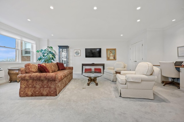 living room with light carpet, baseboards, crown molding, and recessed lighting