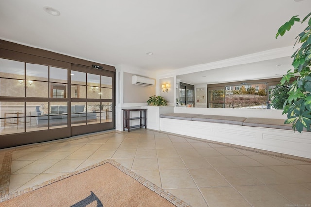 unfurnished living room featuring recessed lighting, an AC wall unit, and light tile patterned floors