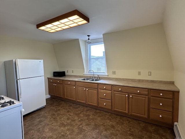 kitchen featuring a baseboard heating unit, white appliances, light countertops, brown cabinetry, and a sink