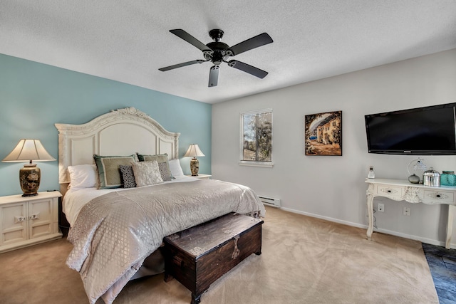 carpeted bedroom with a ceiling fan, a baseboard radiator, a textured ceiling, and baseboards