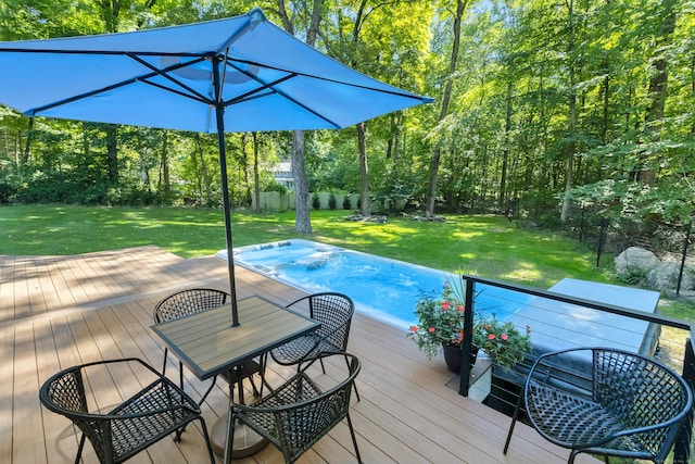 view of pool with a deck and a yard