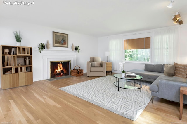 living area with a fireplace with flush hearth and wood finished floors