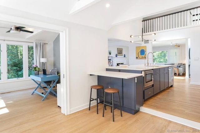 kitchen featuring light wood finished floors, gray cabinets, light countertops, appliances with stainless steel finishes, and a sink