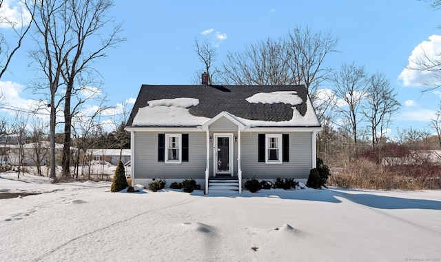 view of front of house featuring a chimney and roof with shingles