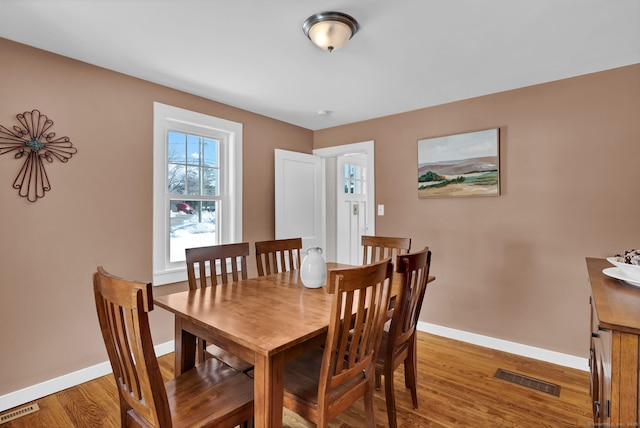 dining area featuring wood finished floors, visible vents, and baseboards