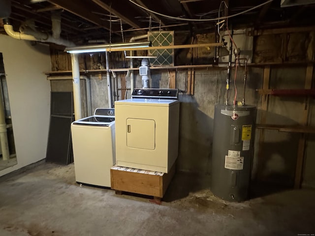 utilities featuring electric water heater and washer and clothes dryer