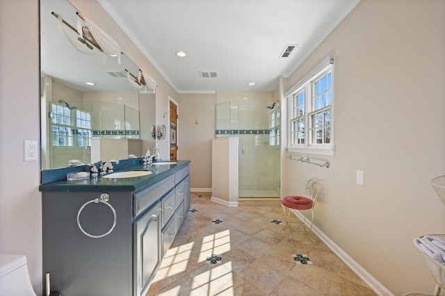 full bath with a stall shower, visible vents, and baseboards