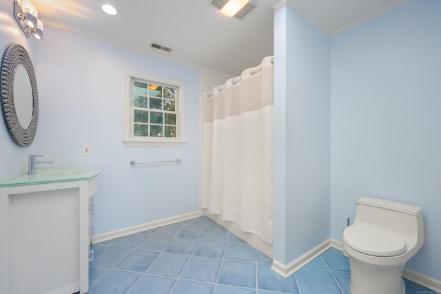 full bath with toilet, visible vents, baseboards, ornamental molding, and tile patterned floors