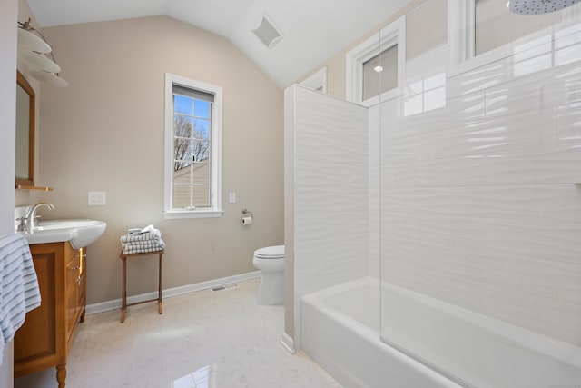 full bathroom featuring toilet, visible vents, vanity, vaulted ceiling, and baseboards