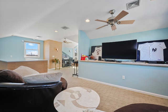 living room featuring carpet, visible vents, vaulted ceiling, and baseboards