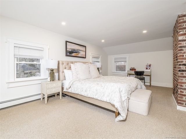 bedroom with recessed lighting, baseboards, vaulted ceiling, and light colored carpet