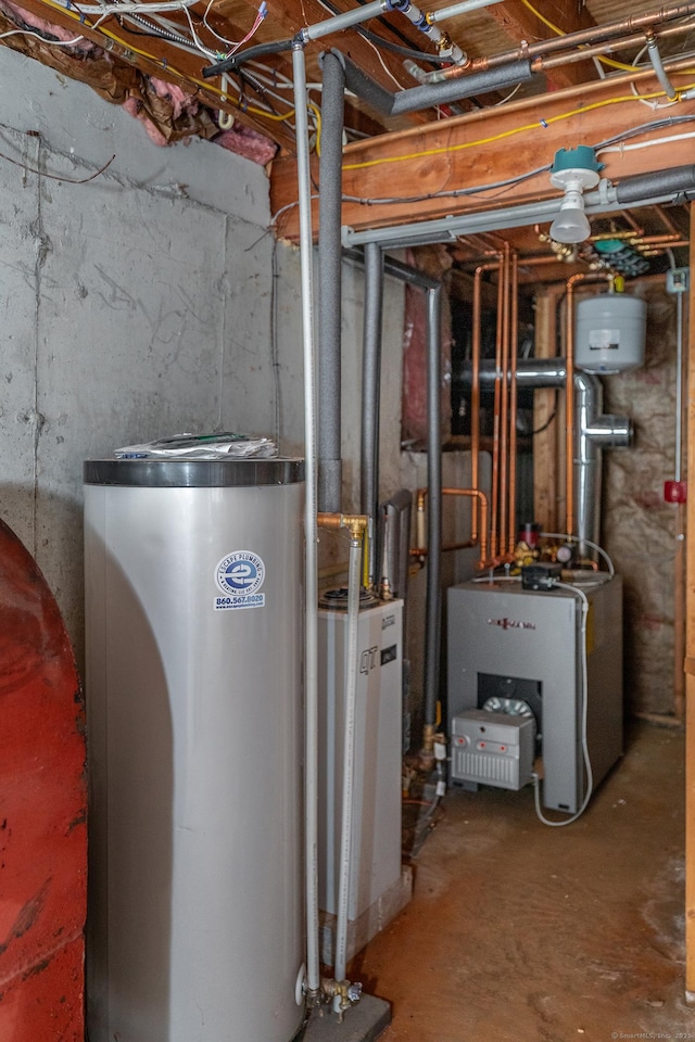 utility room with water heater and a heating unit