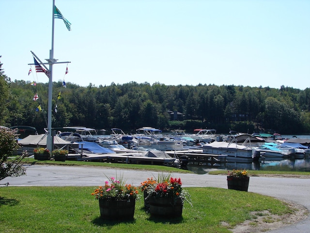 uncovered parking lot with a dock and a wooded view