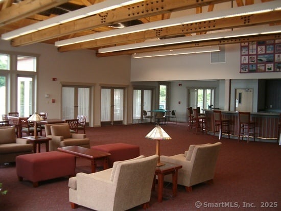 living area with a high ceiling, carpet flooring, and french doors