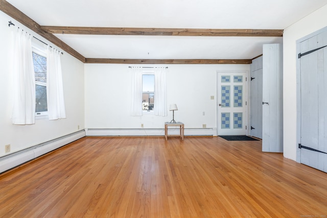 unfurnished room featuring light wood-type flooring, a baseboard radiator, a baseboard heating unit, and beamed ceiling