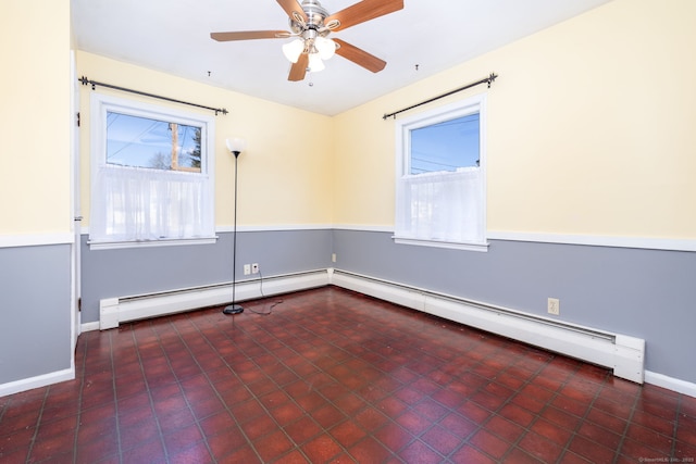 unfurnished room featuring baseboards, ceiling fan, and baseboard heating