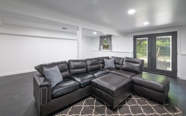 living area featuring french doors, dark wood-type flooring, recessed lighting, and baseboards