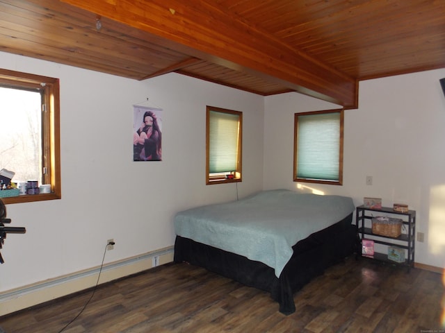 bedroom with wooden ceiling, dark wood-style floors, baseboard heating, and beamed ceiling