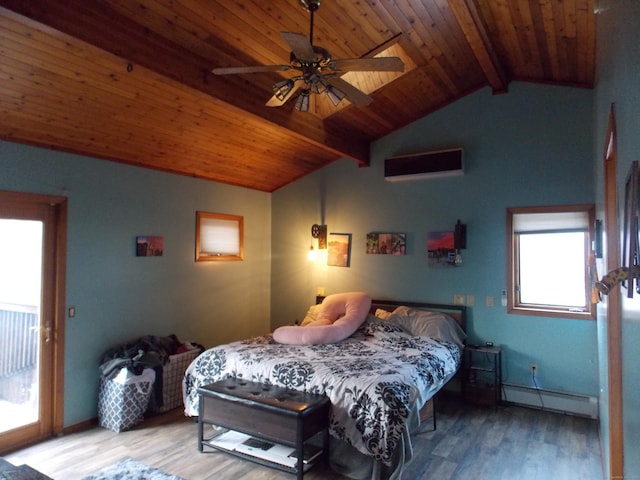 bedroom featuring wood ceiling, a baseboard heating unit, and wood finished floors