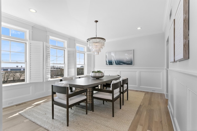 40 Fairfield Beach Rd, Fairfield, CT 06824 - dining area featuring a decorative wall, ornamental molding, a chandelier, light wood finished floors, and recessed lighting