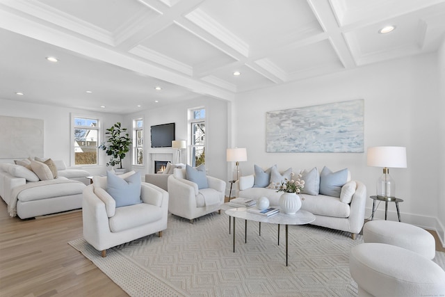 40 Fairfield Beach Rd, Fairfield, CT 06824 - living area with recessed lighting, light wood-style floors, coffered ceiling, beamed ceiling, and a glass covered fireplace