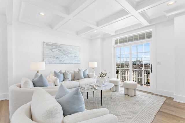 40 Fairfield Beach Rd, Fairfield, CT 06824 - living area with coffered ceiling, wood finished floors, beam ceiling, recessed lighting, and baseboards