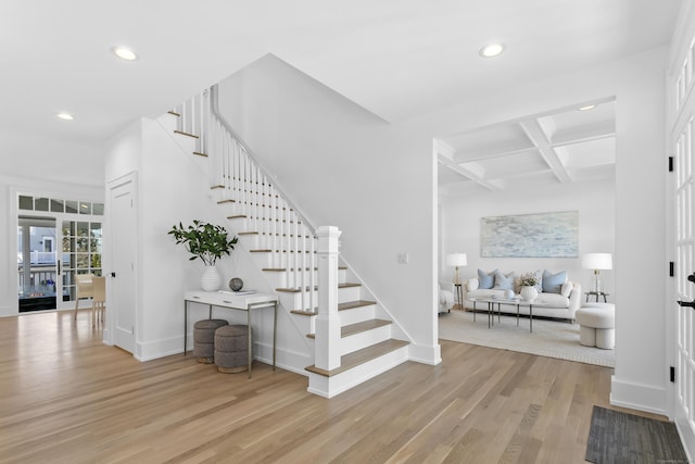 40 Fairfield Beach Rd, Fairfield, CT 06824 - staircase featuring recessed lighting, wood finished floors, baseboards, beam ceiling, and coffered ceiling