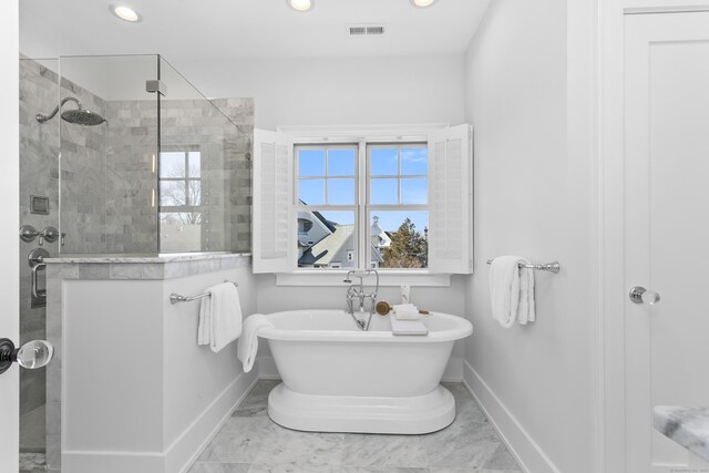 40 Fairfield Beach Rd, Fairfield, CT 06824 - bathroom with a shower stall, baseboards, a freestanding tub, recessed lighting, and marble finish floors