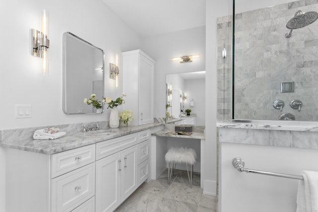 40 Fairfield Beach Rd, Fairfield, CT 06824 - bathroom featuring vanity, a tile shower, and marble finish flooring