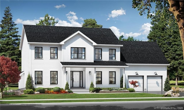 modern inspired farmhouse featuring a front yard, roof with shingles, driveway, and an attached garage