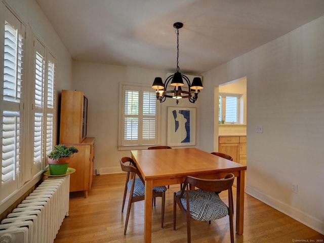 dining space with a healthy amount of sunlight, light wood-style flooring, and radiator heating unit