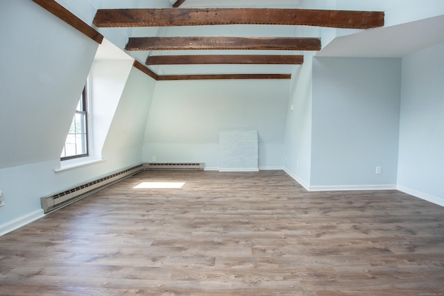 interior space with lofted ceiling with beams, baseboards, a baseboard heating unit, and wood finished floors