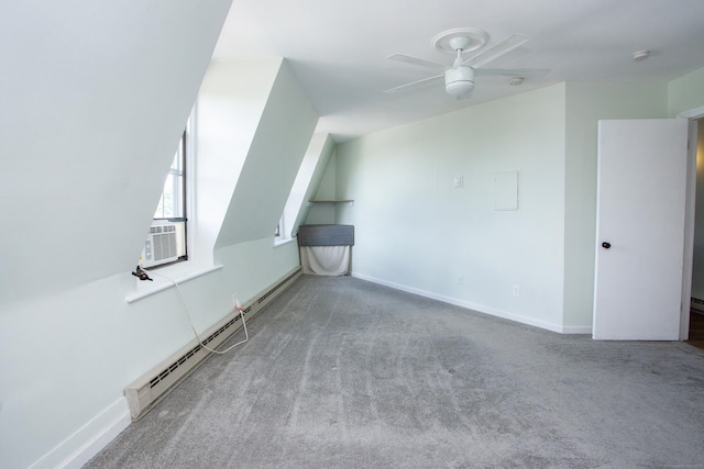 bonus room with ceiling fan, cooling unit, light carpet, baseboards, and baseboard heating