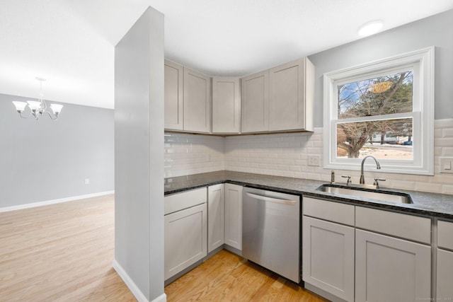 kitchen with decorative backsplash, dishwasher, gray cabinetry, light wood-style floors, and a sink