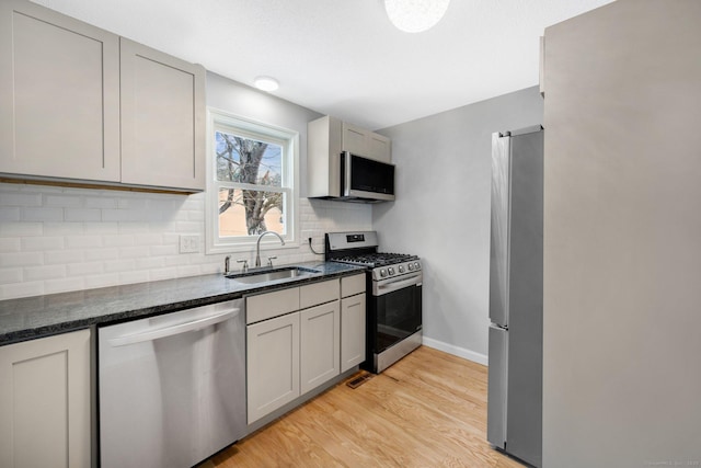 kitchen with stainless steel appliances, gray cabinets, a sink, and backsplash