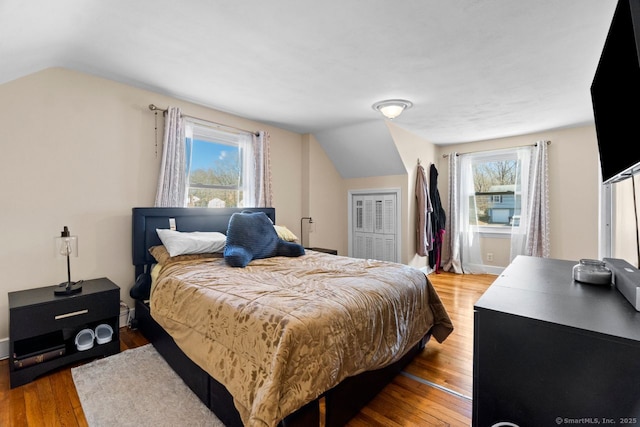 bedroom with lofted ceiling, wood-type flooring, multiple windows, and baseboards