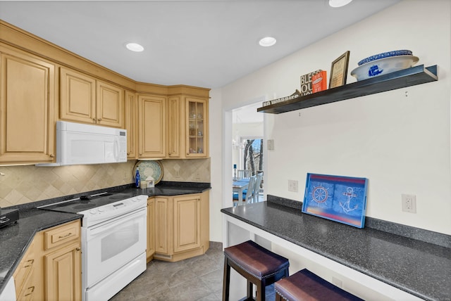 kitchen featuring open shelves, white appliances, backsplash, and glass insert cabinets