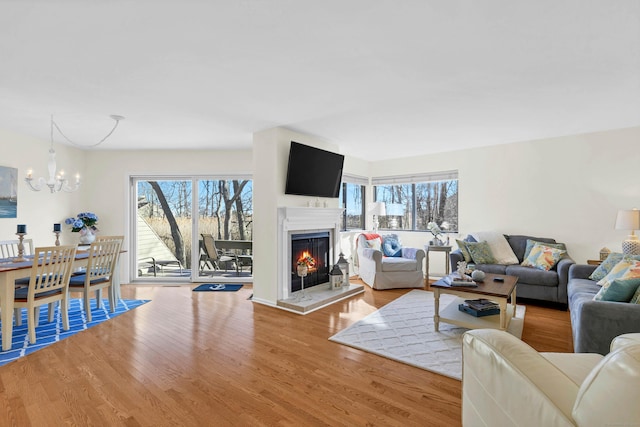 living area with a warm lit fireplace, a chandelier, and wood finished floors