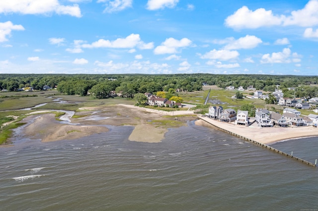 aerial view featuring a water view and a forest view