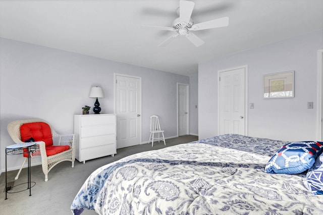 bedroom featuring a ceiling fan, baseboards, and carpet flooring