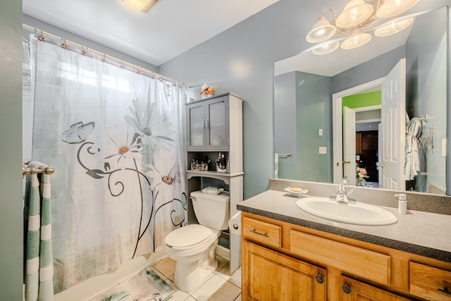 full bath with vanity, tile patterned flooring, toilet, and a shower with curtain