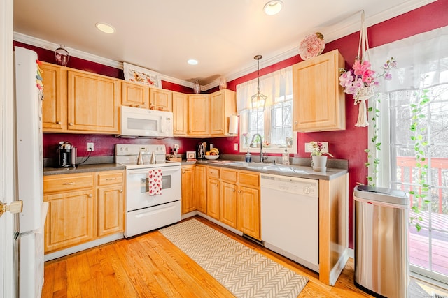 kitchen featuring light wood finished floors, hanging light fixtures, light brown cabinets, a sink, and white appliances