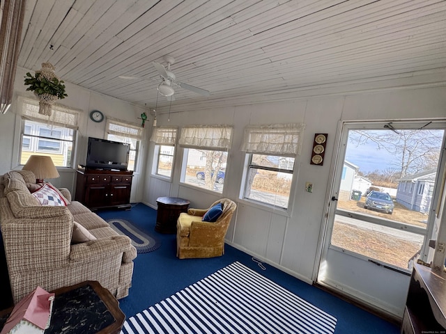 sunroom featuring wooden ceiling, plenty of natural light, and ceiling fan