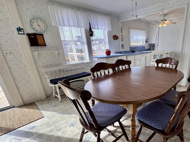 dining room featuring stone finish floor and ceiling fan