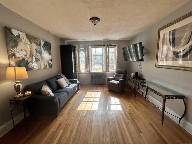 137 Fountain St Apt A7, New Haven, CT 06515 - living area with baseboards, a textured ceiling, radiator heating unit, and wood finished floors
