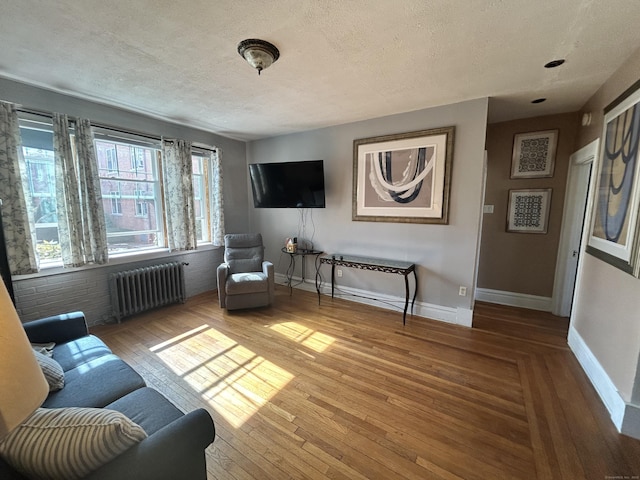 137 Fountain St Apt A7, New Haven, CT 06515 - sitting room featuring baseboards, a textured ceiling, radiator heating unit, and wood finished floors
